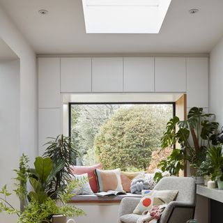 contemporary picture window seat with houseplants and rooflight