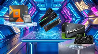 PC components arranged on a futuristic background.