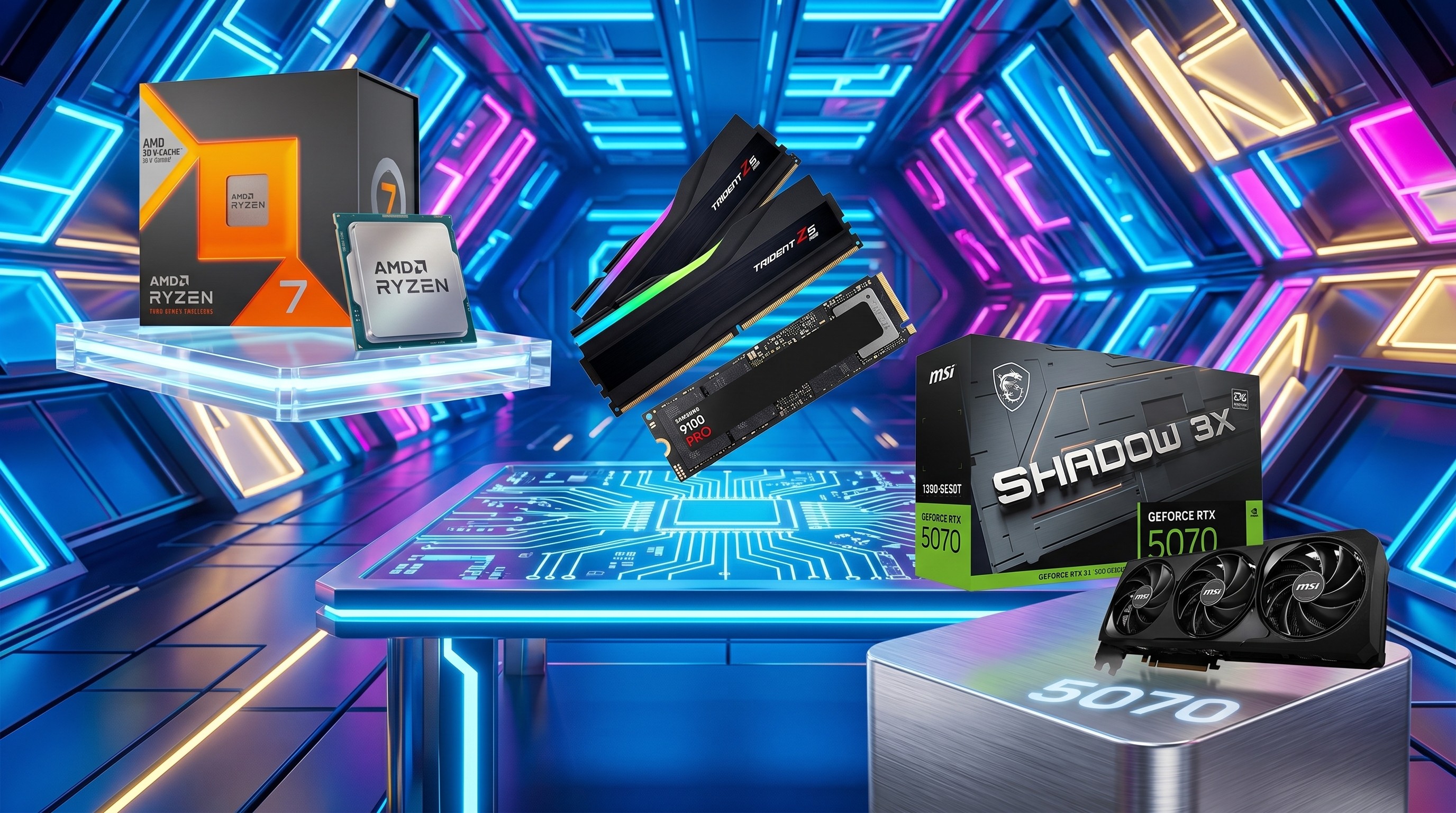 PC components arranged on a futuristic background.