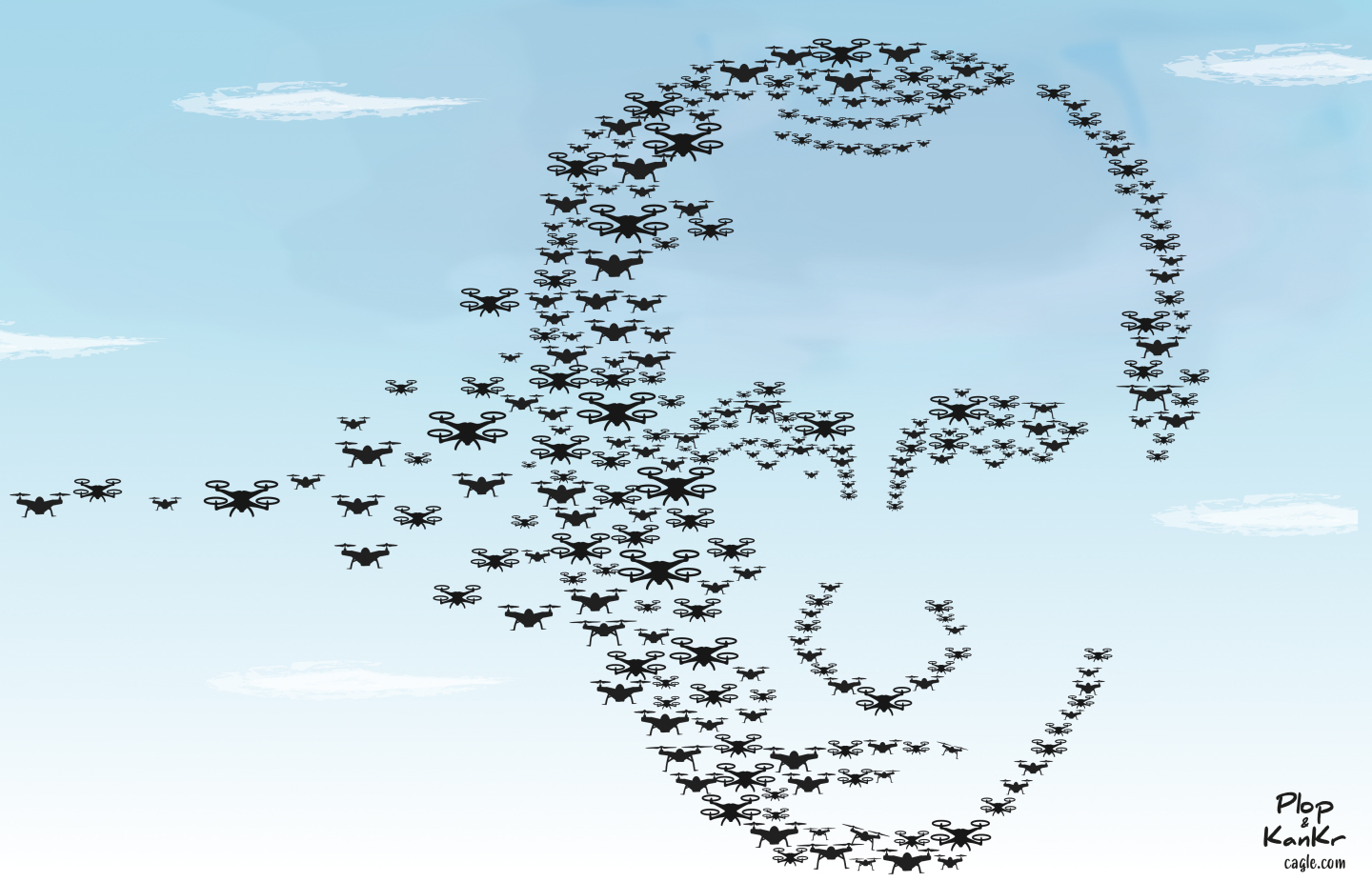 This political cartoon takes place in the sky and shows dozens of dark-colored military drones flying against a light background. The drones have assembled in a formation that resembles Vladimir Putin.