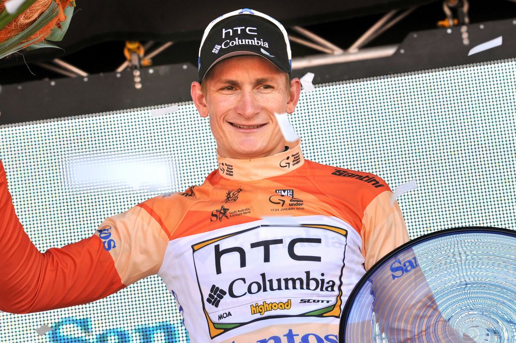 Andre Greipel celebrating overall Tour Down Under victory with HTC-Colombia in 2010 to go with 2008 overall triumph