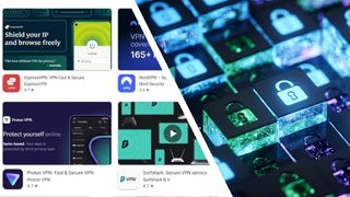 Left hand screen shows image of popular VPN apps in the Play Store. The right hand shows a generic image of depicting cybersecurity with padlocks, 