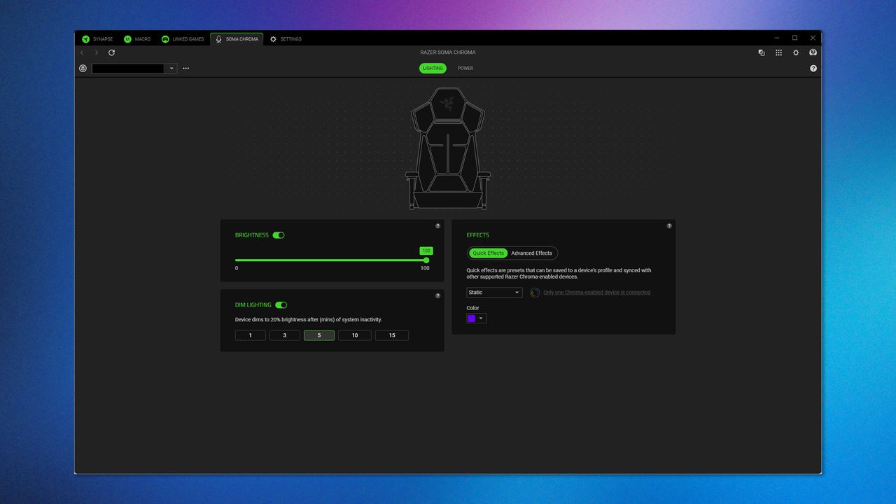 A screenshot of the Razer Synapse app being used to customize the Razer Soma Chroma