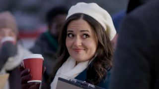 Danica McKellar in santa hat in Christmas at the Drive-in