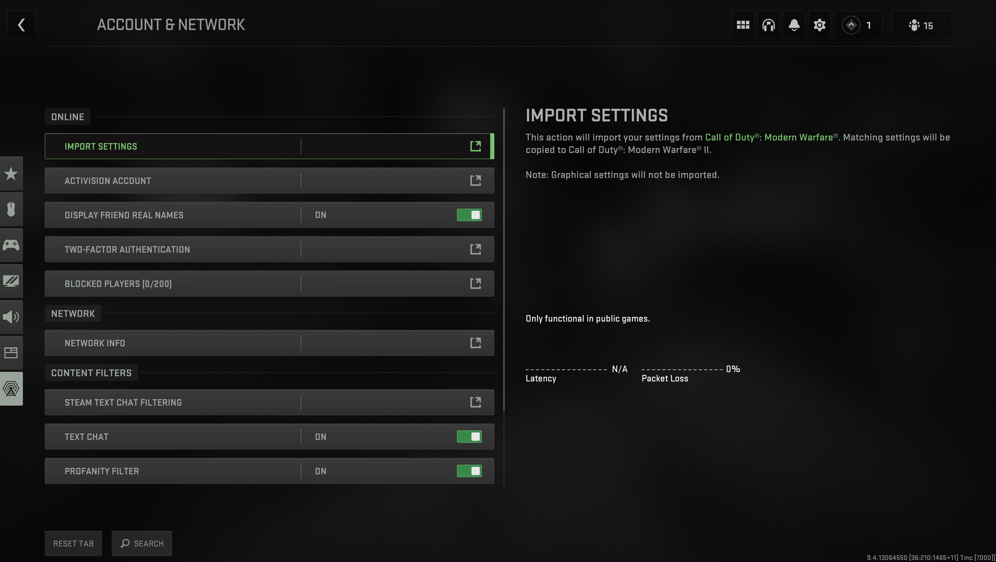 Menú de configuración de red de Call of Duty: Modern Warfare 2