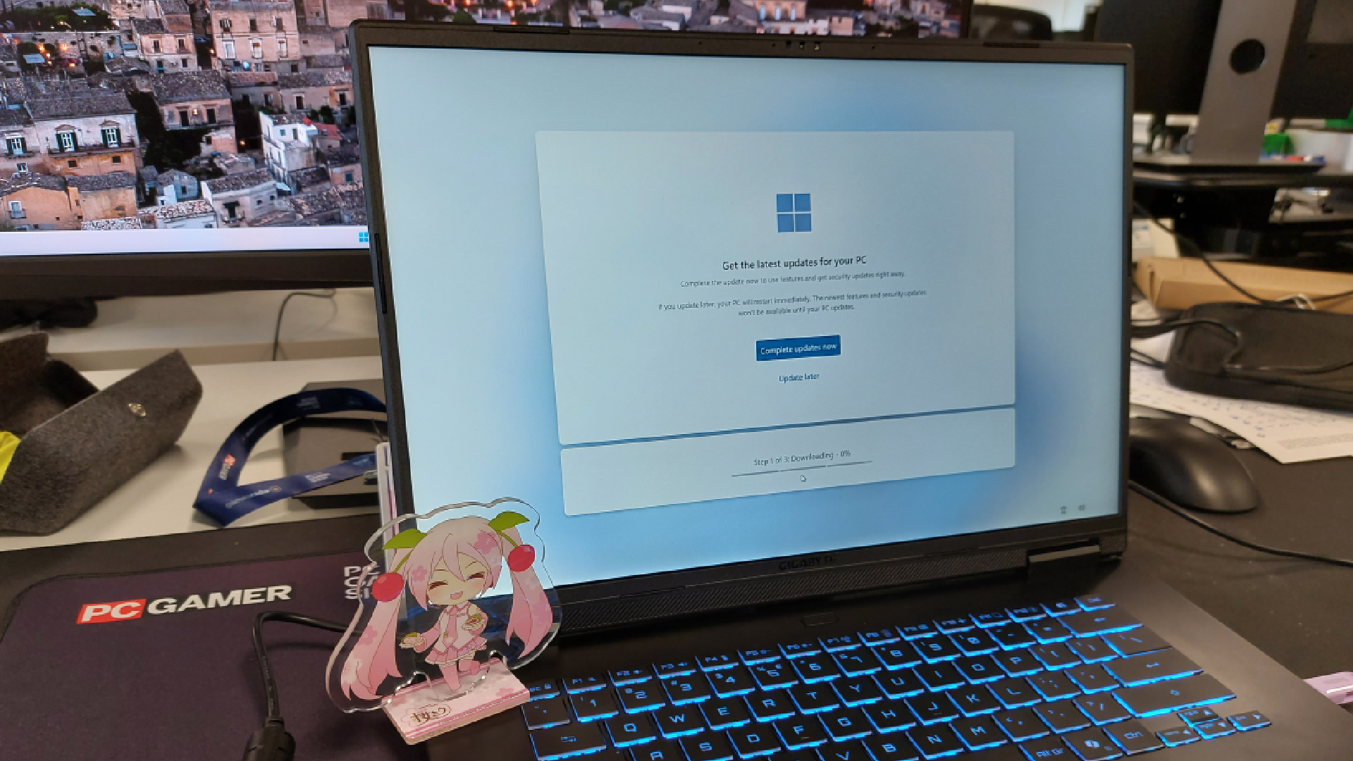 The Gigabyte Aero X16 gaming laptop seen during first-time setup for Windows 11. User's now have the option to carry out updates later.