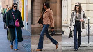 Three women wearing winter coats and bootcut jeans on the street