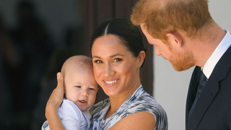 CAPE TOWN, SOUTH AFRICA - SEPTEMBER 25: Prince Harry, Duke of Sussex, Meghan, Duchess of Sussex and their baby son Archie Mountbatten-Windsor meet Archbishop Desmond Tutu and his daughter Thandeka Tutu-Gxashe at the Desmond & Leah Tutu Legacy Foundation during their royal tour of South Africa on September 25, 2019 in Cape Town, South Africa. (Photo by Pool/Samir Hussein/WireImage)