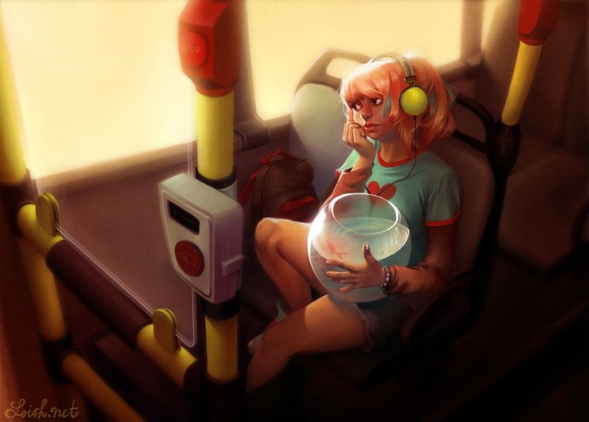 Girl with pink hair holding fishbowl on bus