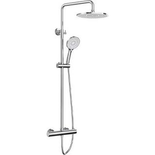 exposed chrome shower with handheld and fixed heads