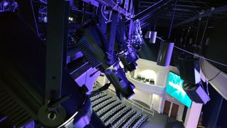 A closeup view of some of PPC’s new Stingray Profile Cast RGBW 350-watt ellipsoidal fixtures seen from the catwalk.
