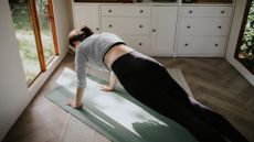 A woman practises yoga / pilates in a sunny room. She holds a difficult plank position, toning the muscles in her abdomen
