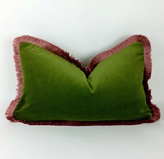 Pink and green fringed cushion