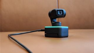 Insta360 Link cam powered on with green LED light