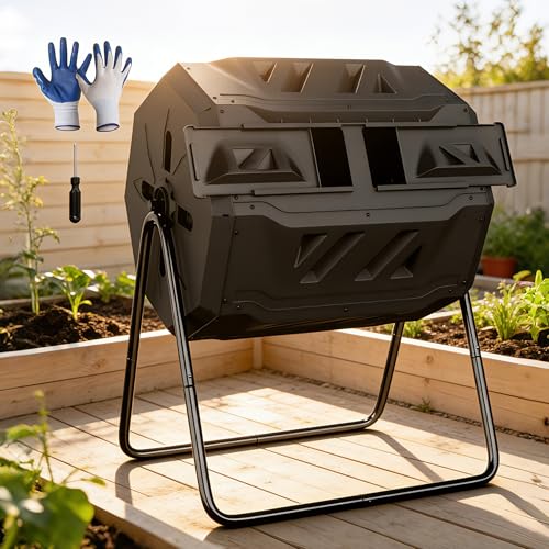 F2c Compost Bin Outdoor 43 Gallon Garden Dual Chamber Composter Bin - Bundled With Pearson's Gardening Gloves, Bpa Free, Heavy-Duty Steel Frame, Rotating Tumbler With Sliding Doors -Black