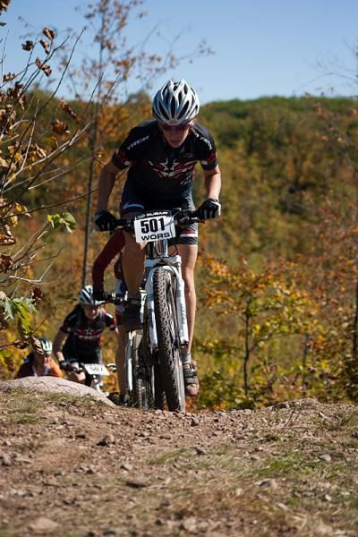 Abby Strigel (Trek Stores of Madison) leads the elite women up a steep climb on the first lap.