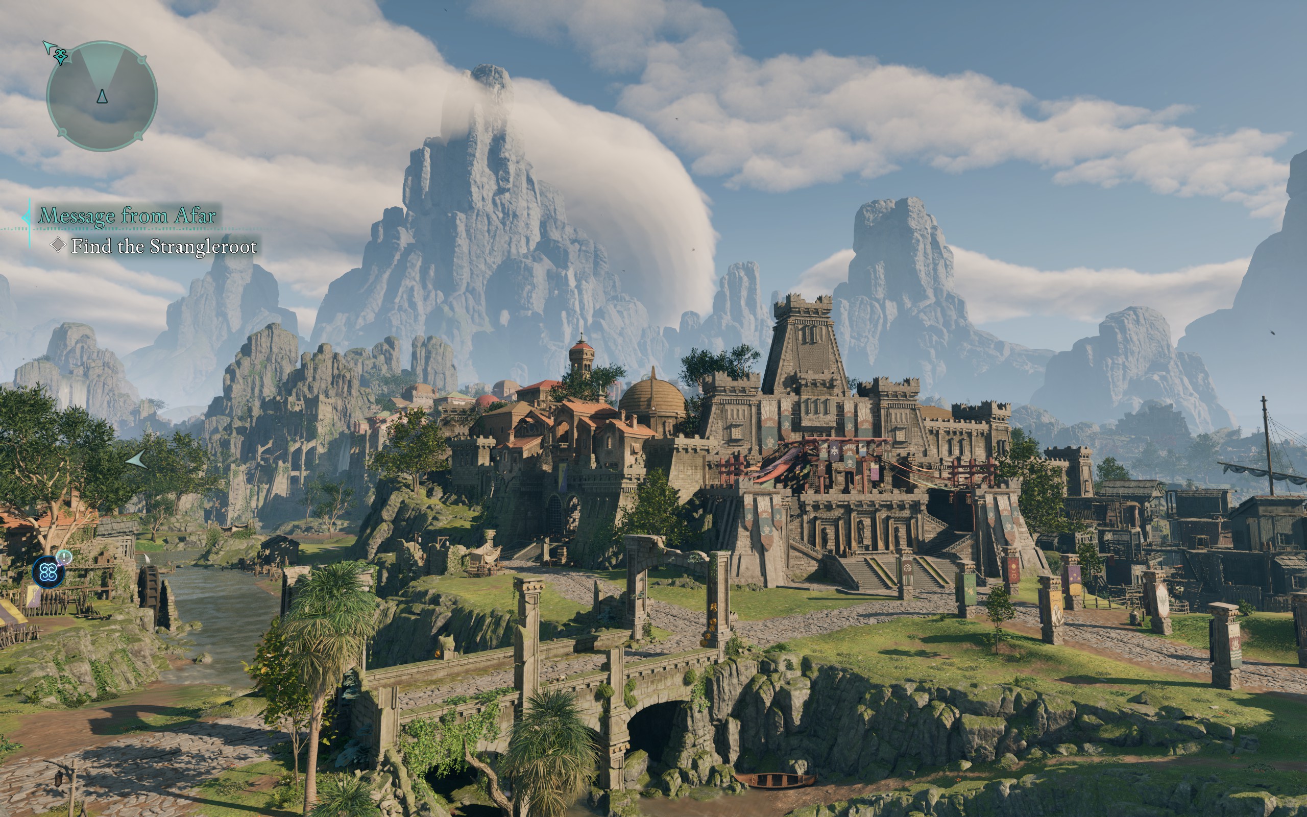 A screenshot showing the city of Paradis from Avowed.