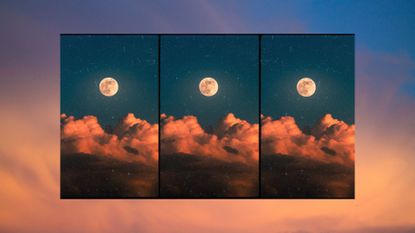 August 2022 full moon feature image of three full moons amongst peach-colored clouds