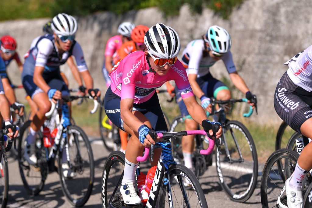 ARCIDOSSO ITALY SEPTEMBER 12 Elisa Longo Borghini of Italy and Team Trek Segafredo Pink Leader Jersey during the 31st Giro dItalia Internazionale Femminile 2020 Stage 2 a 1248km stage from Civitella Paganico to Arcidosso GiroRosaIccrea GiroRosa on September 12 2020 in Arcidosso Italy Photo by Luc ClaessenGetty Images