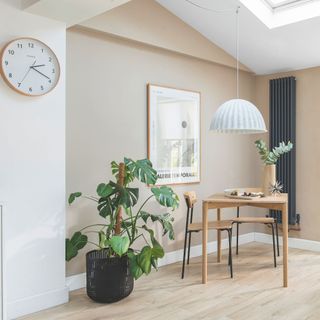 Large potted monstera or Swiss cheese houseplant next to table in dining room