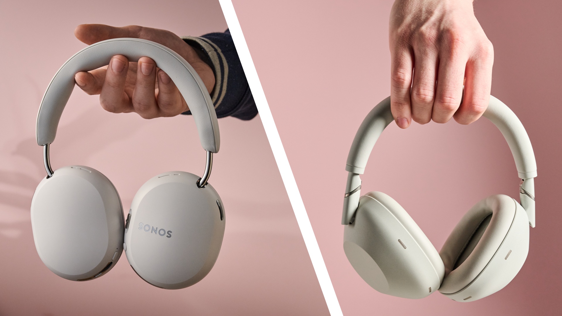 A split view image, with a man holding the Sonos Ace Ultra on the left side, and the Sony WH-1000XM6 on the right side