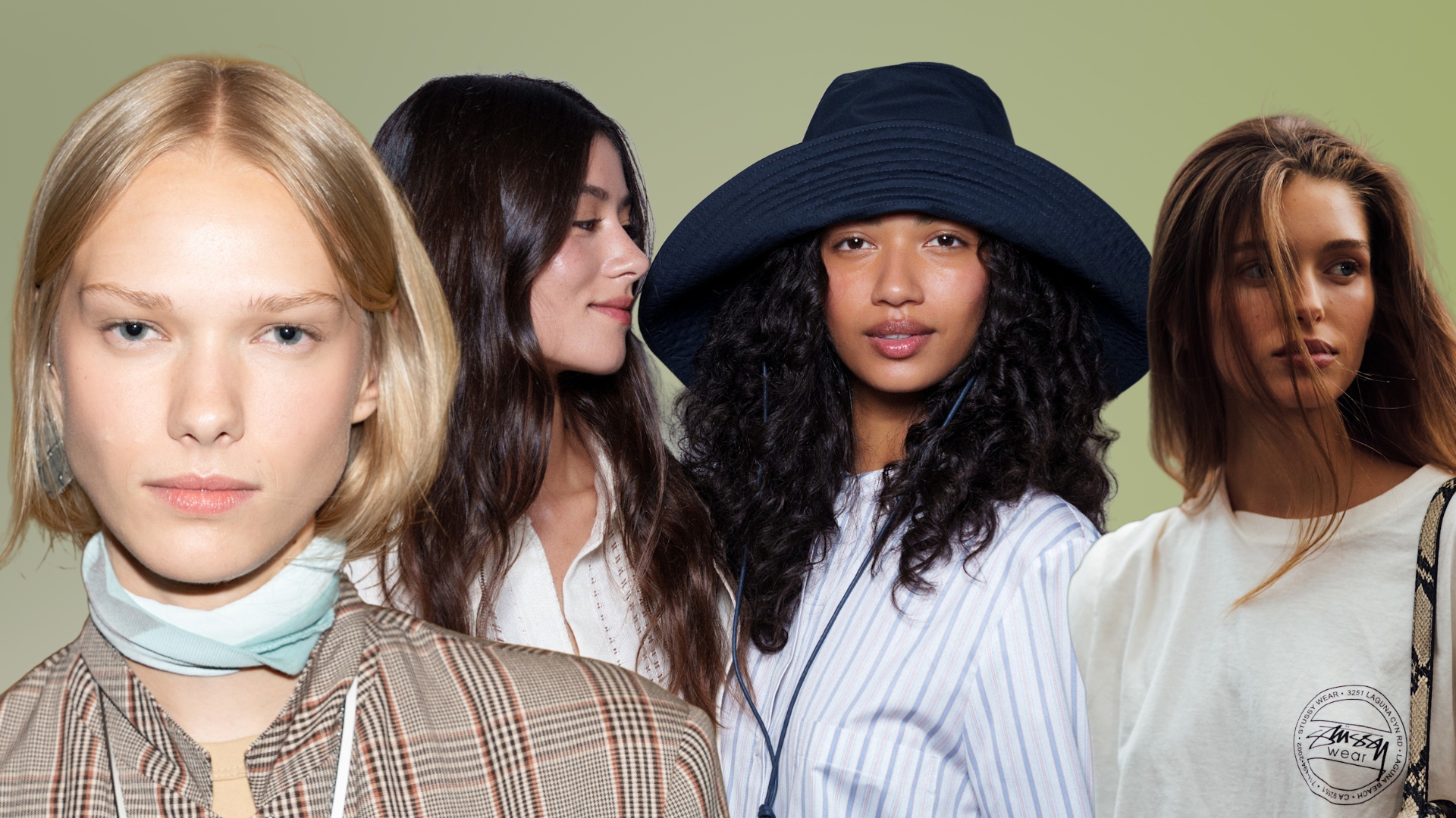 collage of woman with good hair on a green background