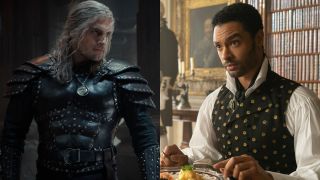 Henry Cavill in The Witcher and Regé-Jean Page in Bridgerton, pictured side by side.