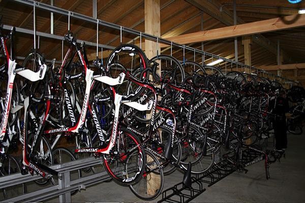 A heavily laden rack of Tarmac SL2s await their riders on tomorrow's training ride.