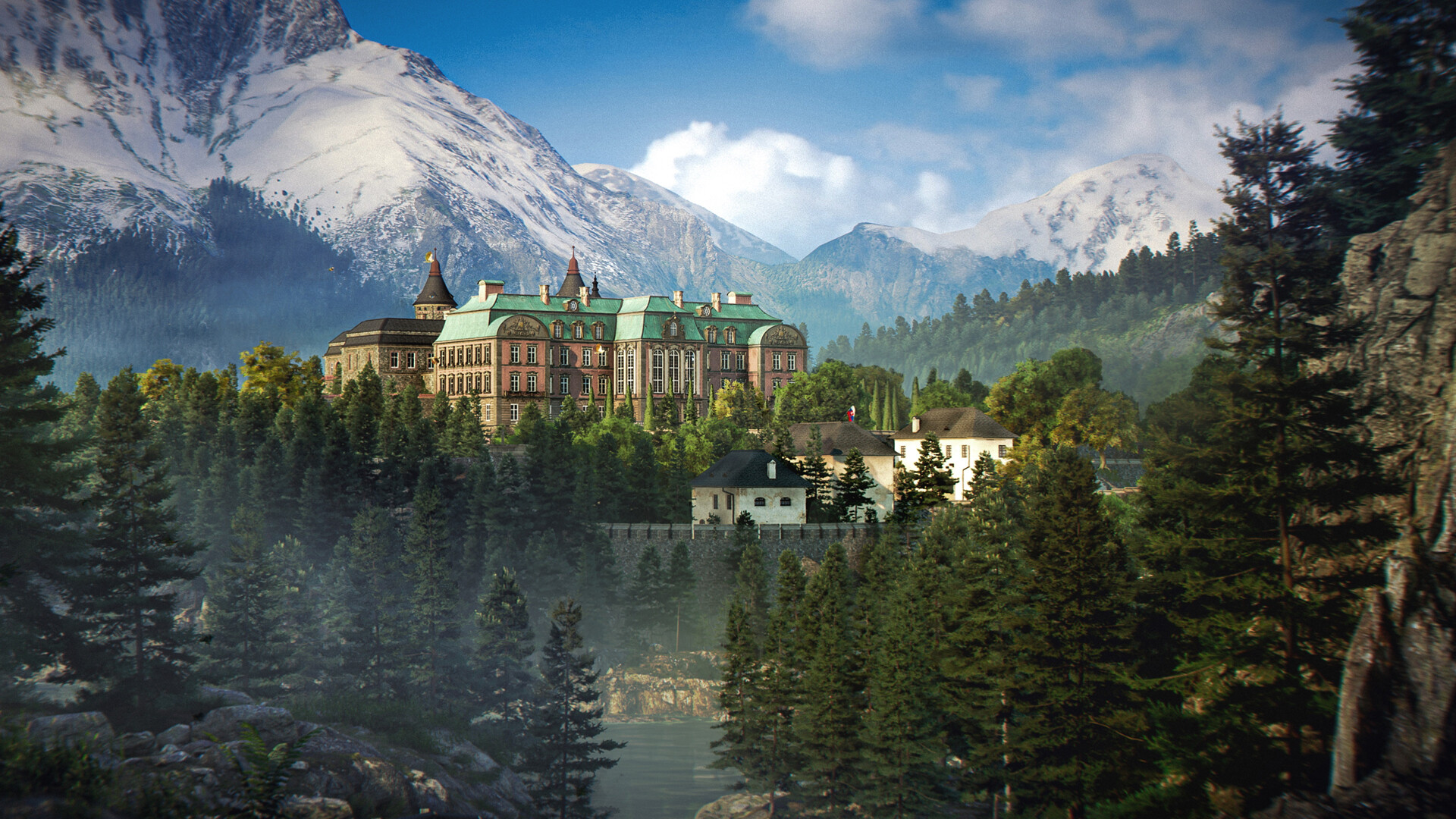 A huge manor on a hill in 007 First Light