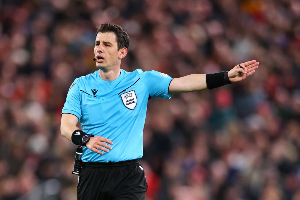 Referee, Halil Umut Meler of Turkey during the UEFA Europa League 2023/24 Quarter-Final first leg match between Liverpool FC and Atalanta at Anfield on April 11, 2024 in Liverpool, England.(Photo by Robbie Jay Barratt - AMA/Getty Images)