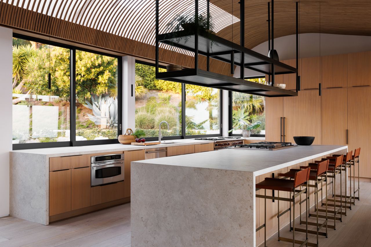 A large kitchen with flush windows