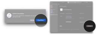 Cancel Apple Music subscription on Mac by showing: Click Confirm, click Done