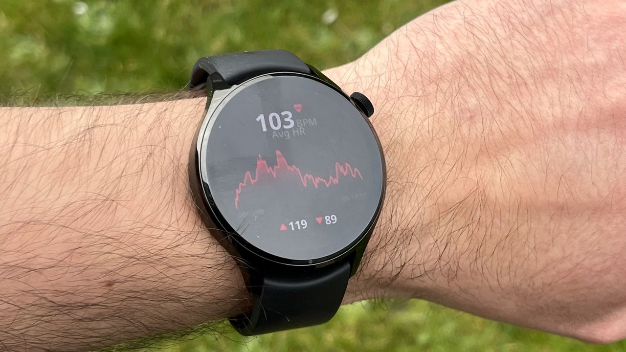 The Xiaomi Watch S1 Pro showing metrics from a workout, against a green background