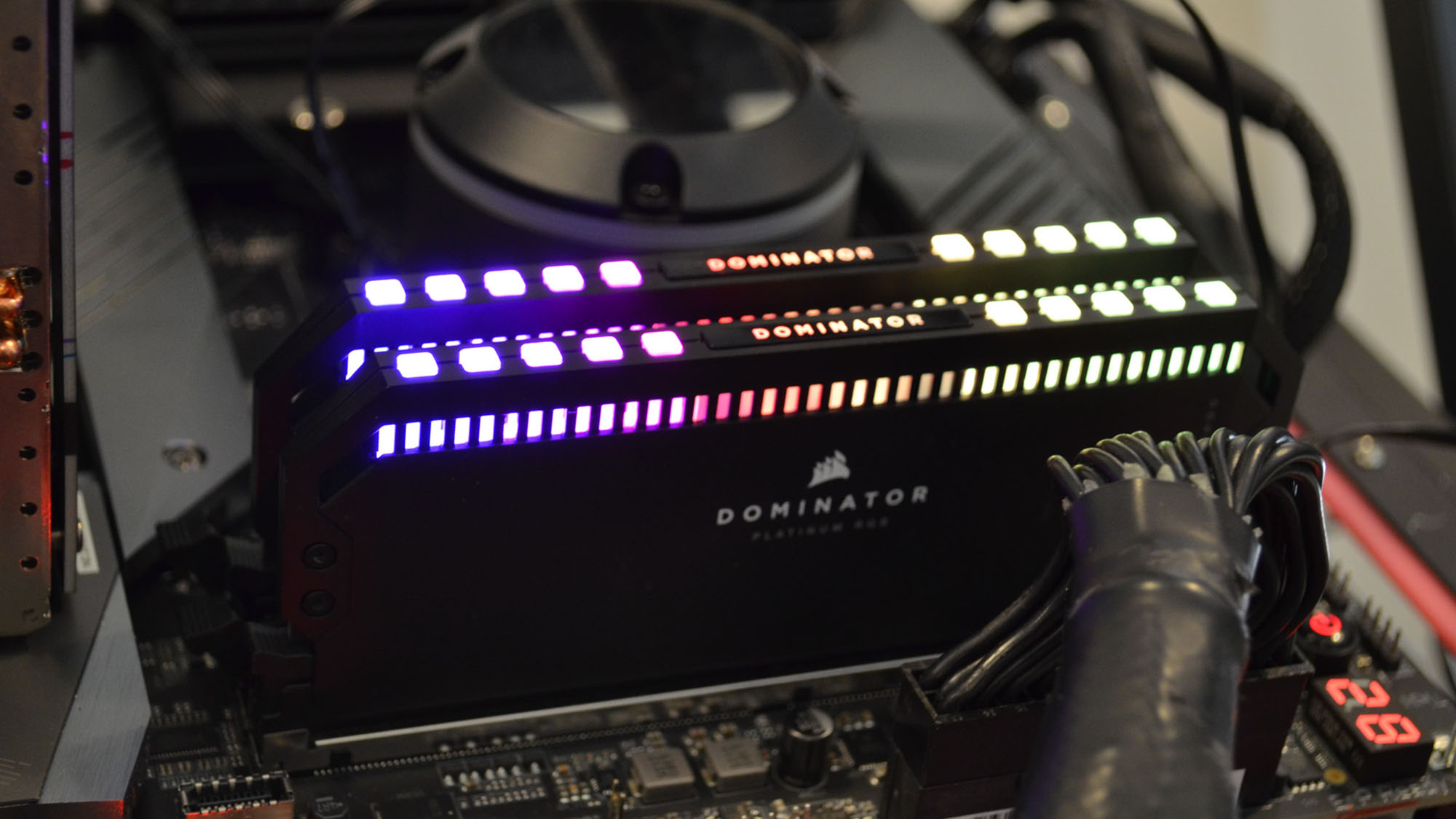 Corsair Dominator Platinum RGB DDR5 RAM inserted into a motherboard