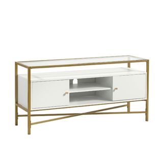 A white wooden TV stand with gold edges