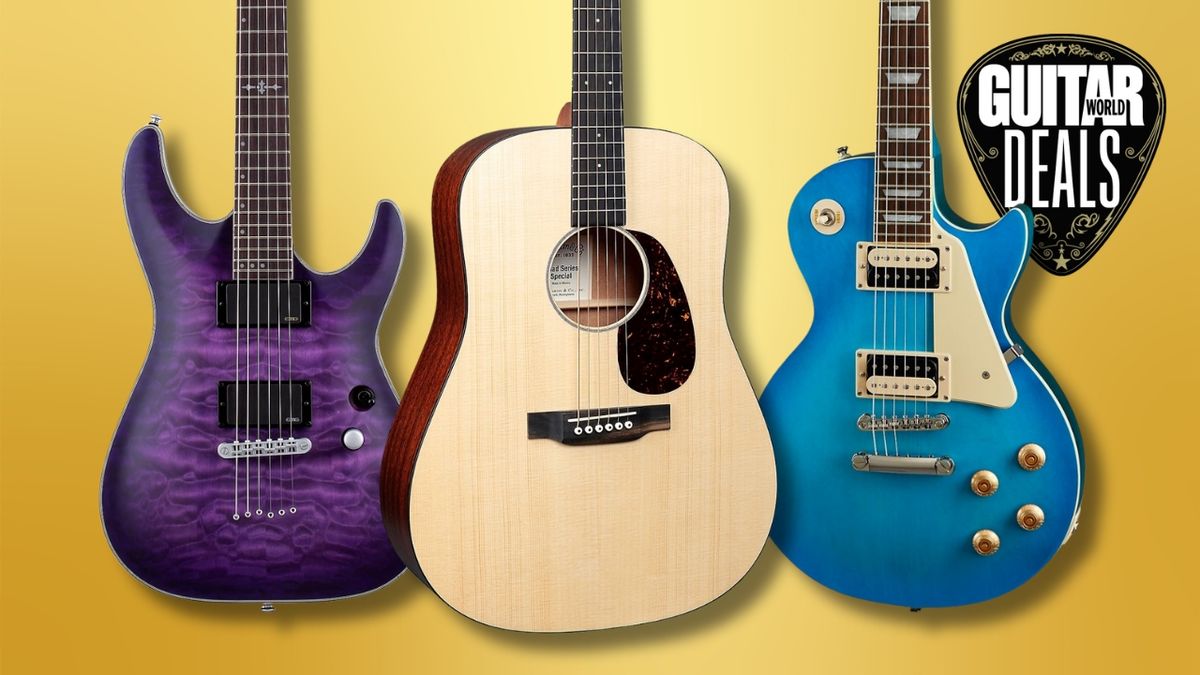 An acoustic guitar, metal guitar, and a Les Paul