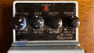 Closeup of settings on a Boss CE-5 Chorus Ensemble pedal