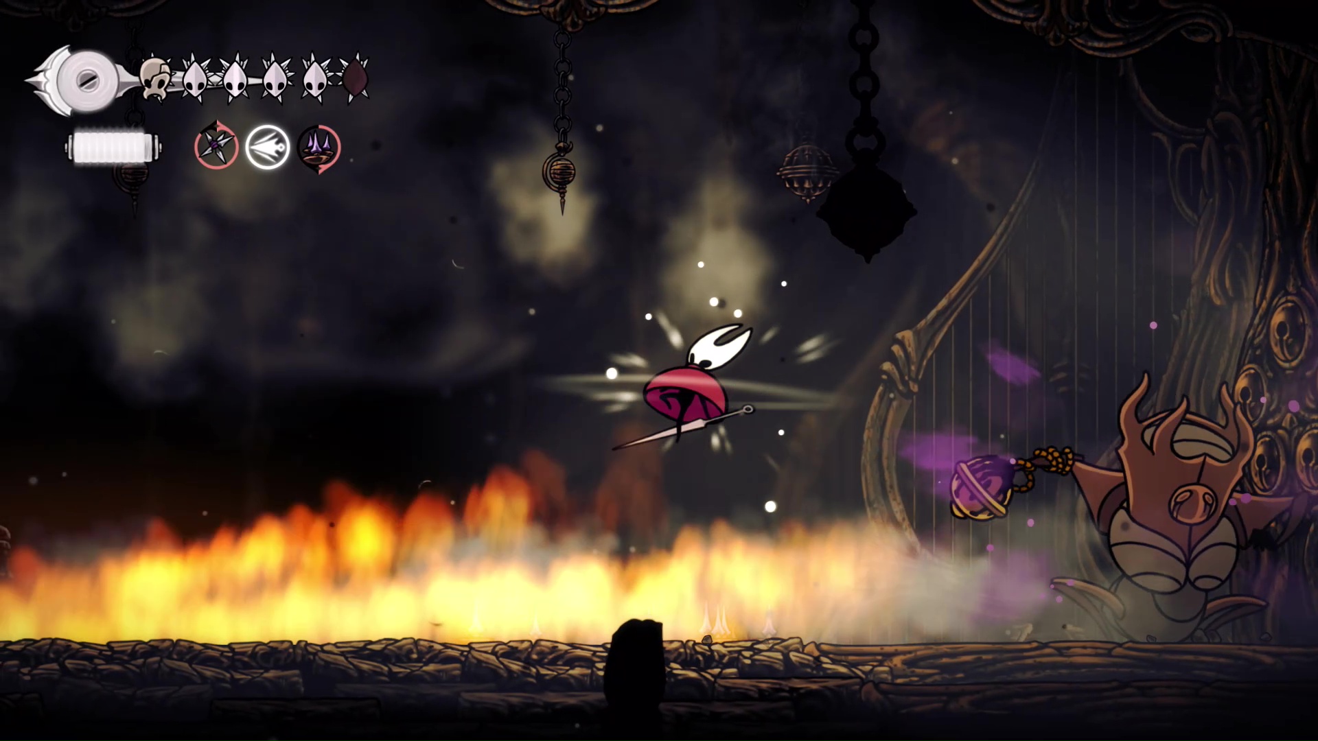 Hornet puffs out her robe to float safely above blazing flames in Hollow Knight: Silksong as The Last Judge attacks
