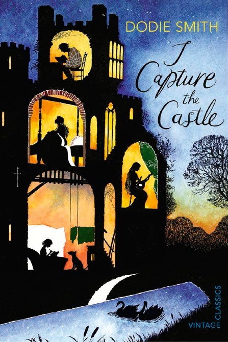 A whimsical and romantic book cover for 'I Capture the Castle' by Dodie Smith, featuring a castle silhouette with warm, glowing windows depicting various characters engaged in activities.