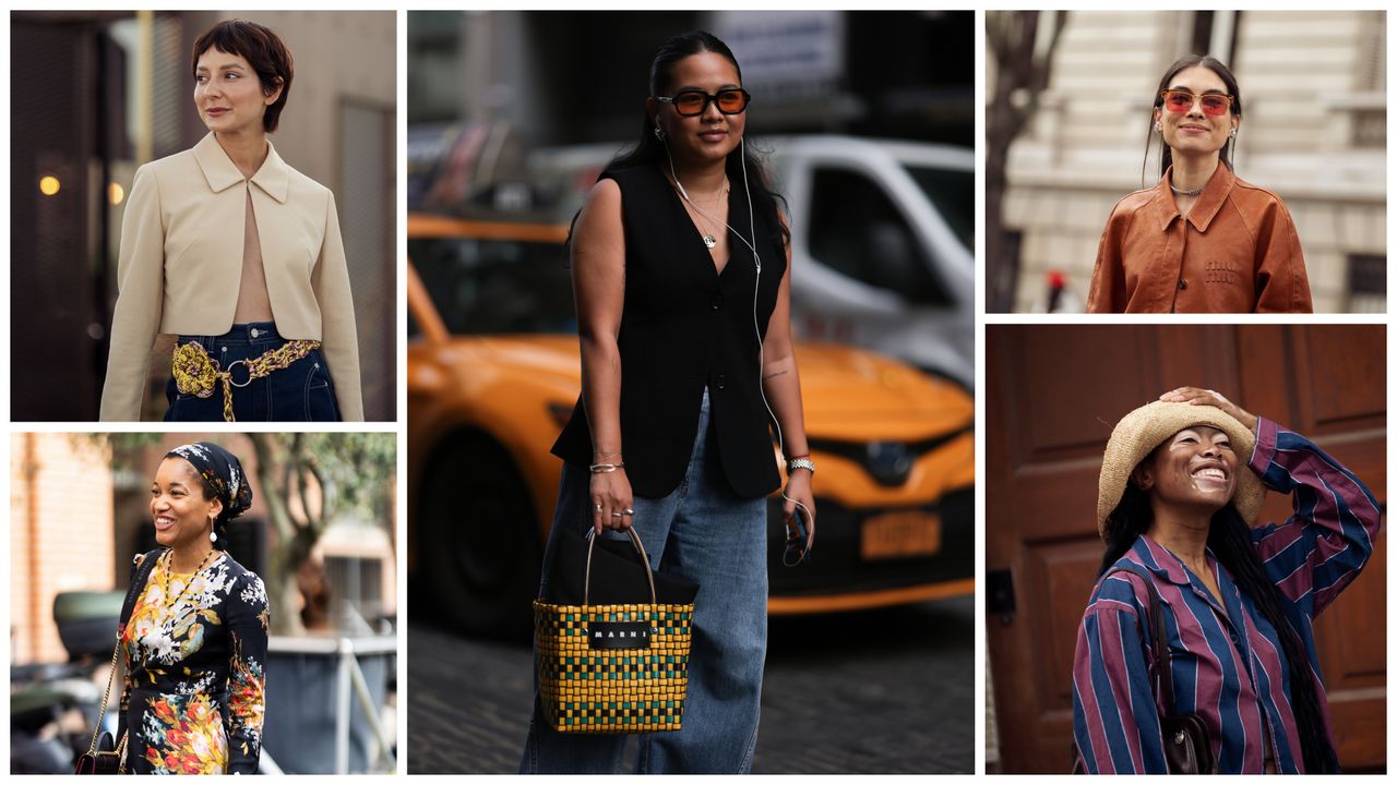 A five photo collage of women wearing summer accessories in street style imageru