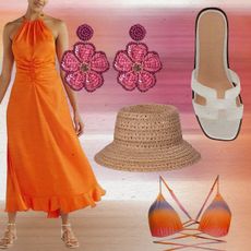 Photo collage of earrings, dress, hat, and sandals