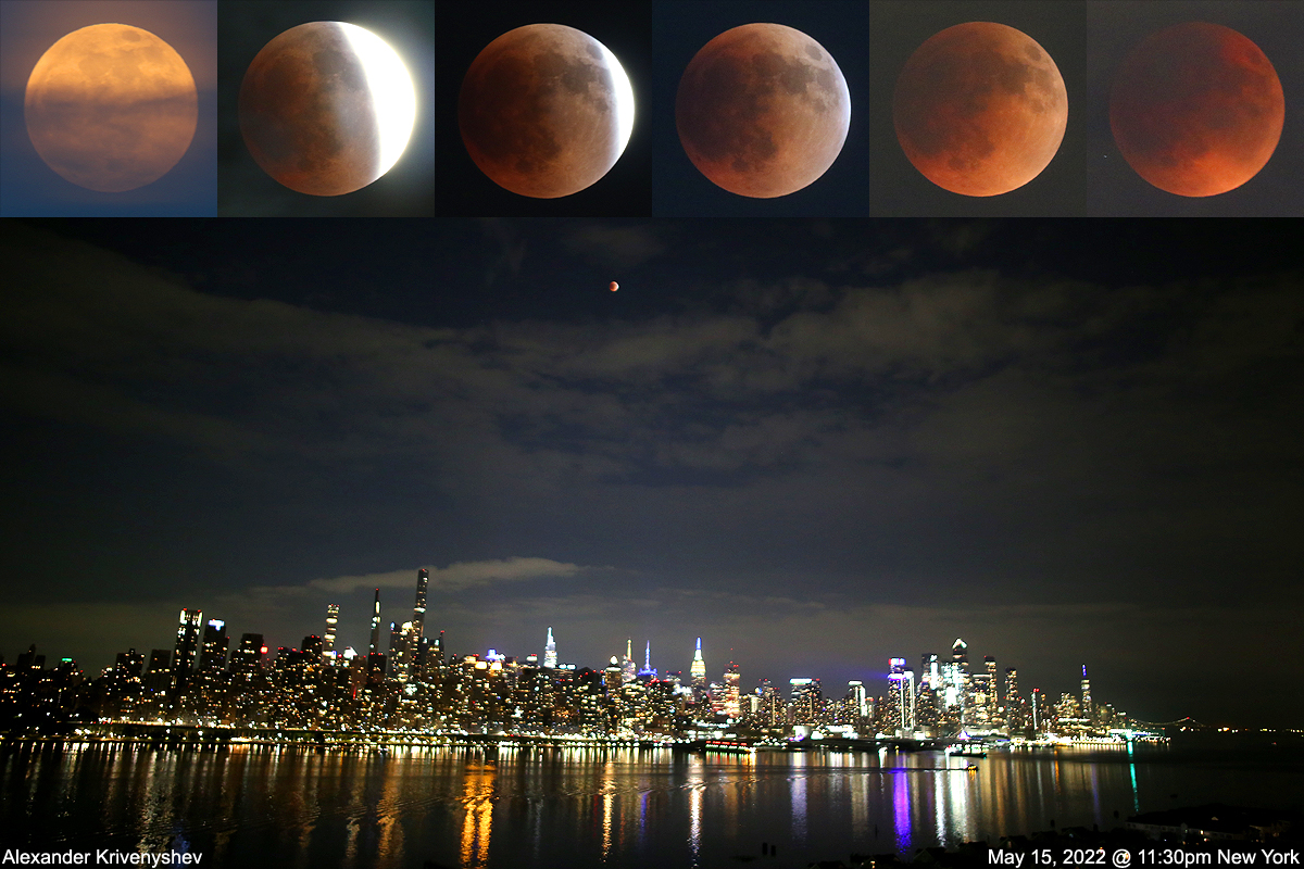 Amateur astronomer Alexander Krivenyshev captured these views of the total lunar eclipse in New York City on May 15, 2022.