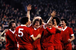 Kenny Dalglish is congratulated by his Liverpool teammates after scoring the winning goal in the 1978 European Cup final against Club Brugge at Wembley