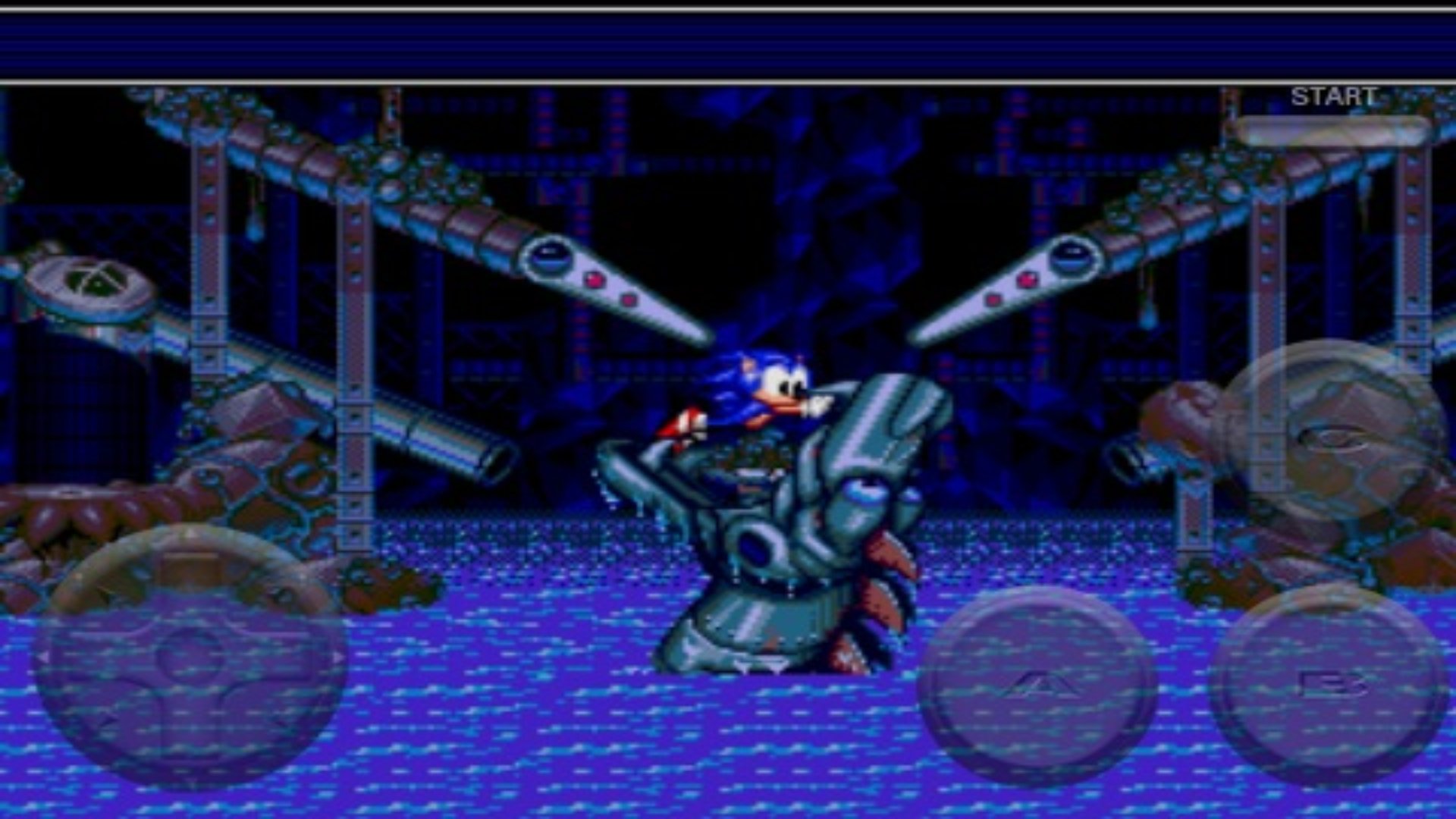 Sonic Spinball screenshot showing Sonic precariously balancing in the jaw of a mechanical snake-like creature that&#039;s peeking out of the water below