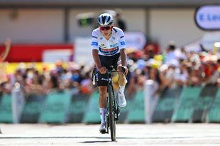 SUPERDEVOLUY LE DEVOLUY FRANCE JULY 17 Remco Evenepoel of Belgium and Team Soudal QuickStep White Best Young Rider Jersey crosses the finish line during the 111th Tour de France 2024 Stage 17 a 1778km stage from SaintPaulTroisChateaux to Superdevoluy 1500m UCIWT on July 17 2024 in Superdevoluy Le Devoluy France Photo by Dario BelingheriGetty Images