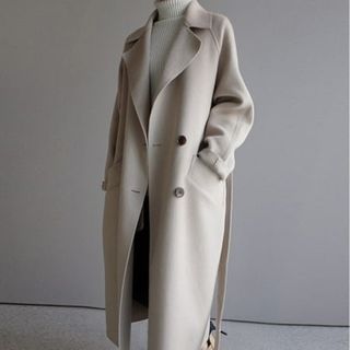 Forestyashe Womens Oversize Lapel Cashmere Wool Blend Belt Trench Coat Outwear Jacket