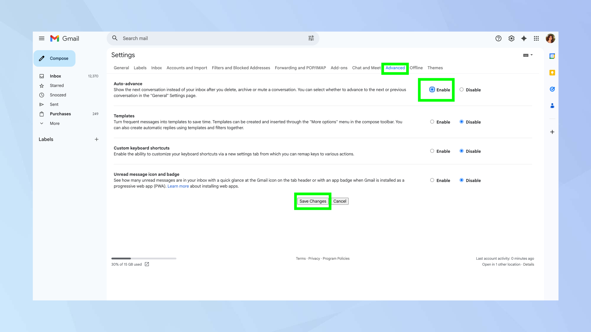 Gmail auto-advance settings
