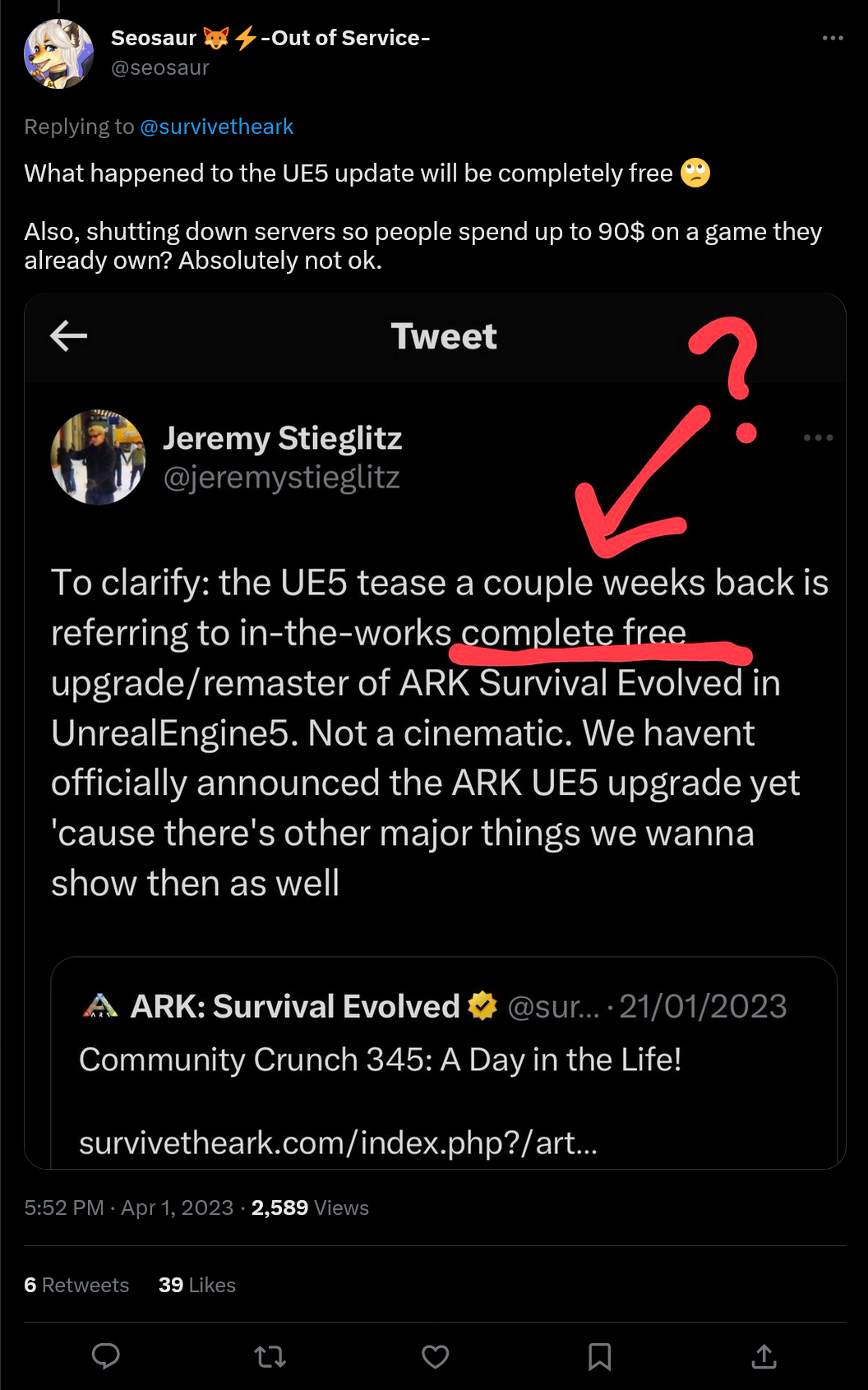 Seosaur tweets about Ark: Survival Evolved's promised free UE5 upgrade