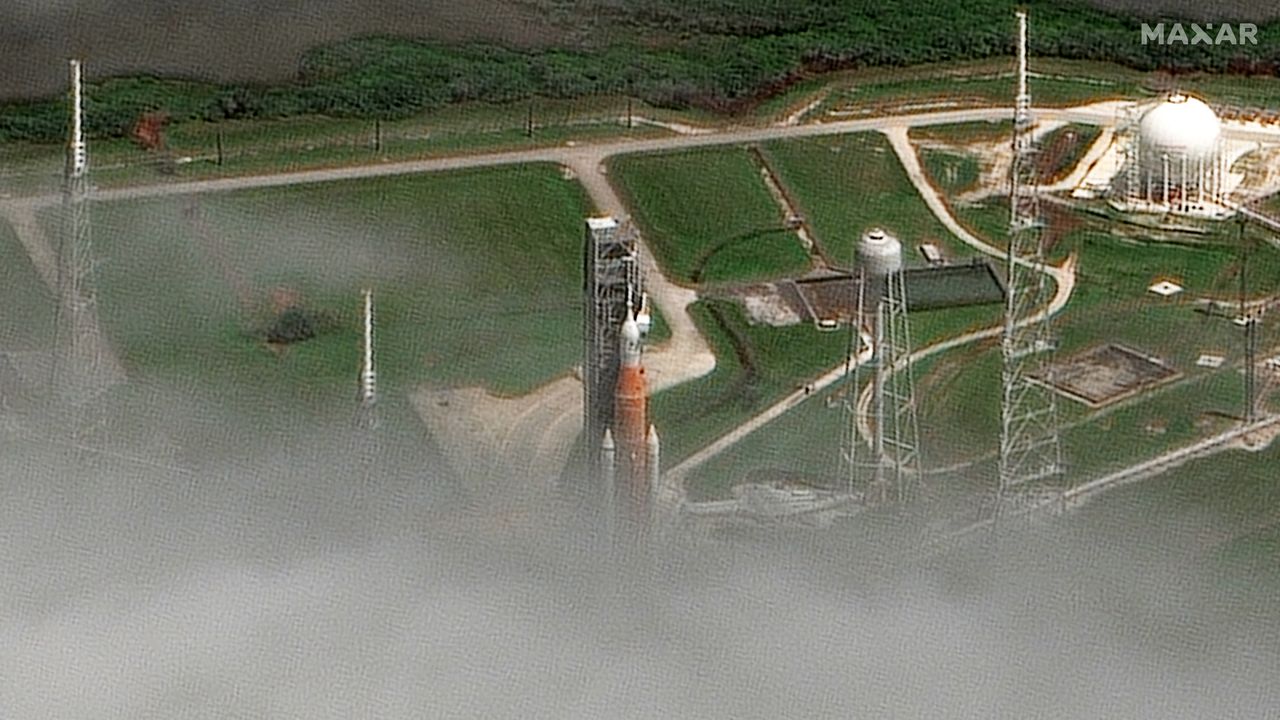 NASA's Space Launch System rocket waiting for its debut launch toward to moon as part of the Artemis 1 mission.