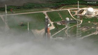 NASA's Space Launch System rocket waiting for its debut launch toward to moon as part of the Artemis 1 mission.